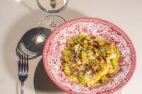 Pansotti con Zucchine Trombette,Pecorino e Mandorle